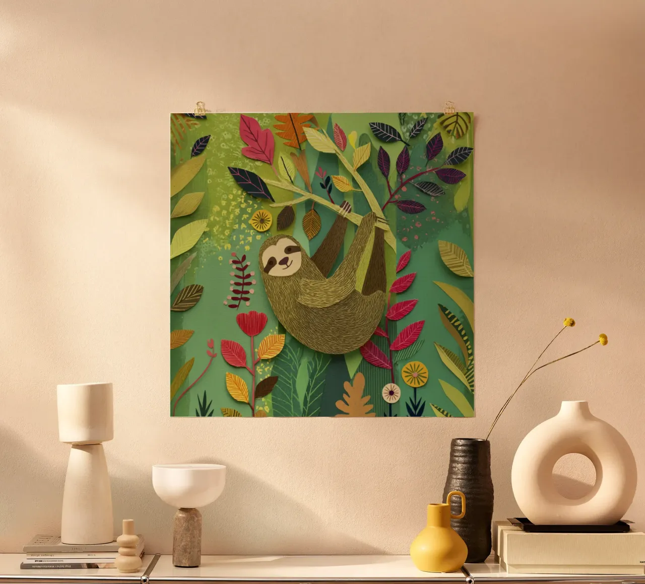 Bradipo Giungla Collage Art Vintage Tropicale Botanico Fauna Selvatica poster con telaio in alluminio da Modern Muse
