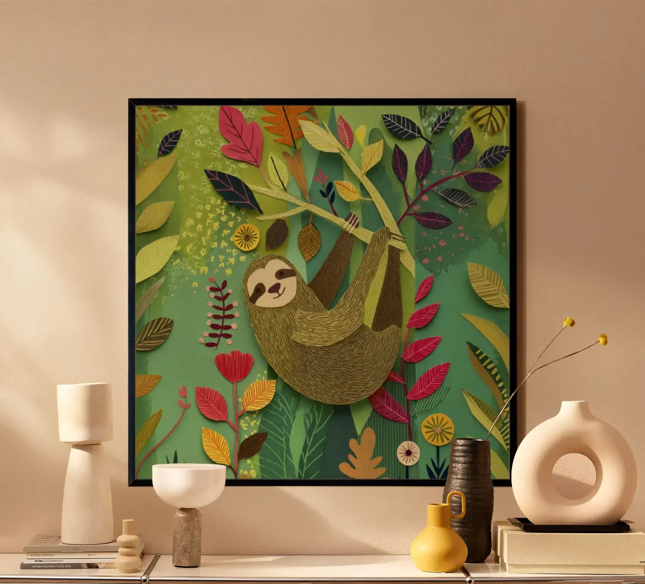 Bradipo Giungla Collage Art Vintage Tropicale Botanico Fauna Selvatica poster con telaio in alluminio da Modern Muse