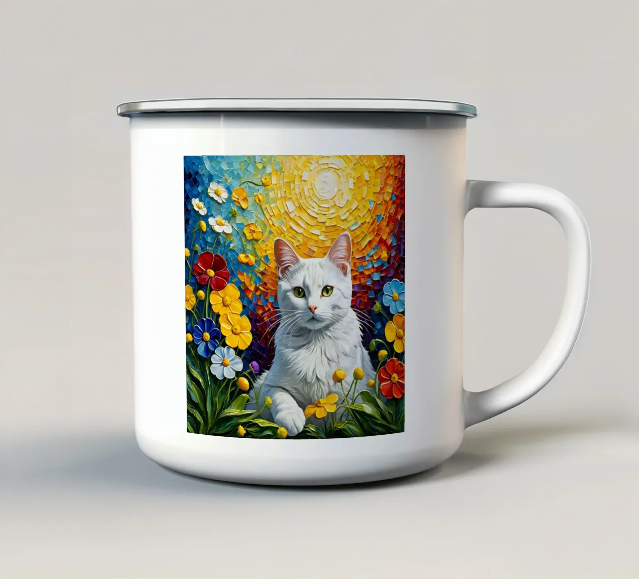 Gatto con fiore tazza in smalto da Purrfect Whiskers Art