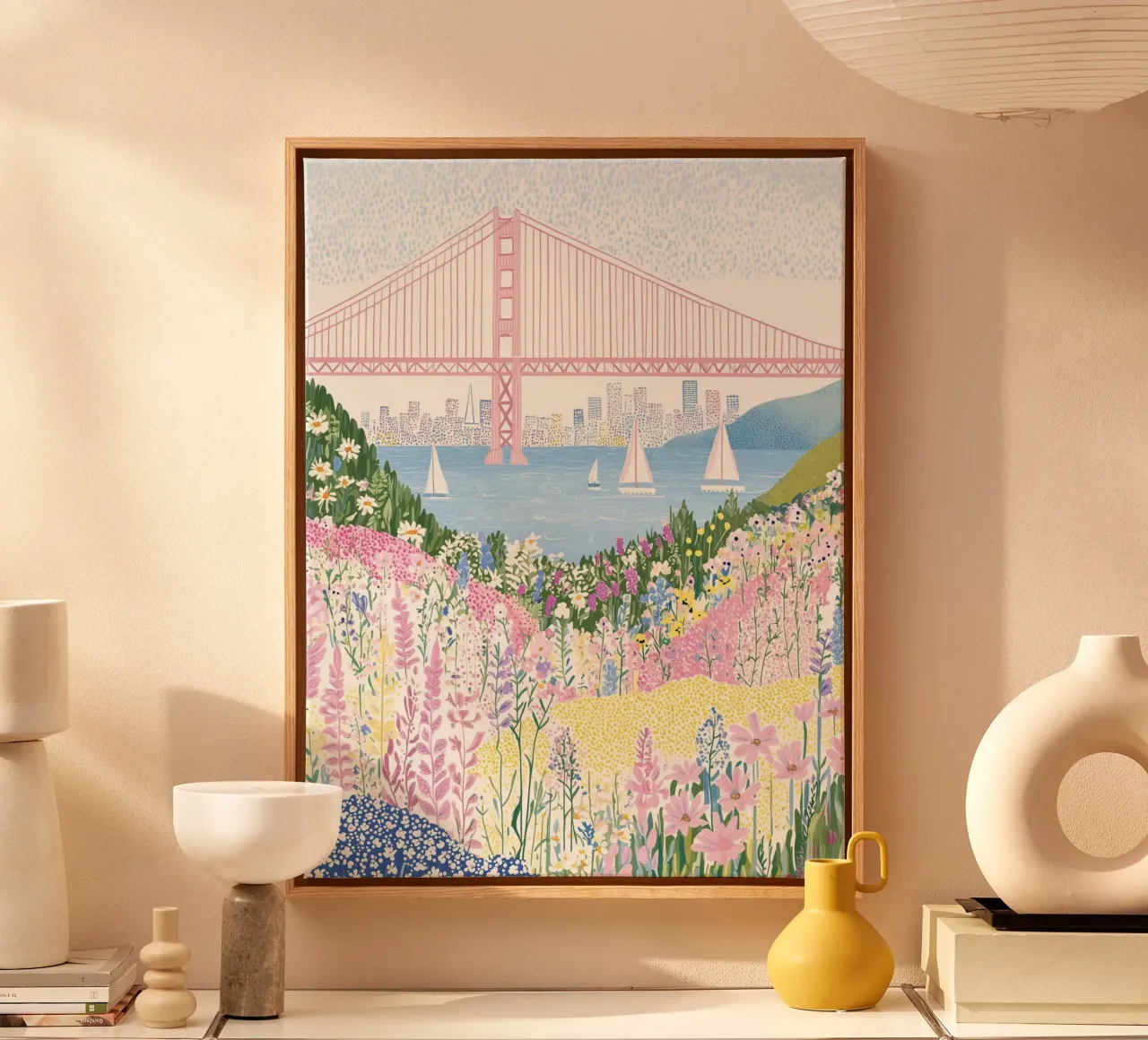 San Francisco, Golden Gate Bridge, California Floral Poster canvas with Floater frame by Gaia