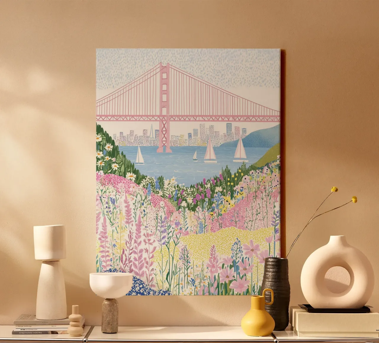 San Francisco, Golden Gate Bridge, California Floral Poster canvas with Floater frame by Gaia