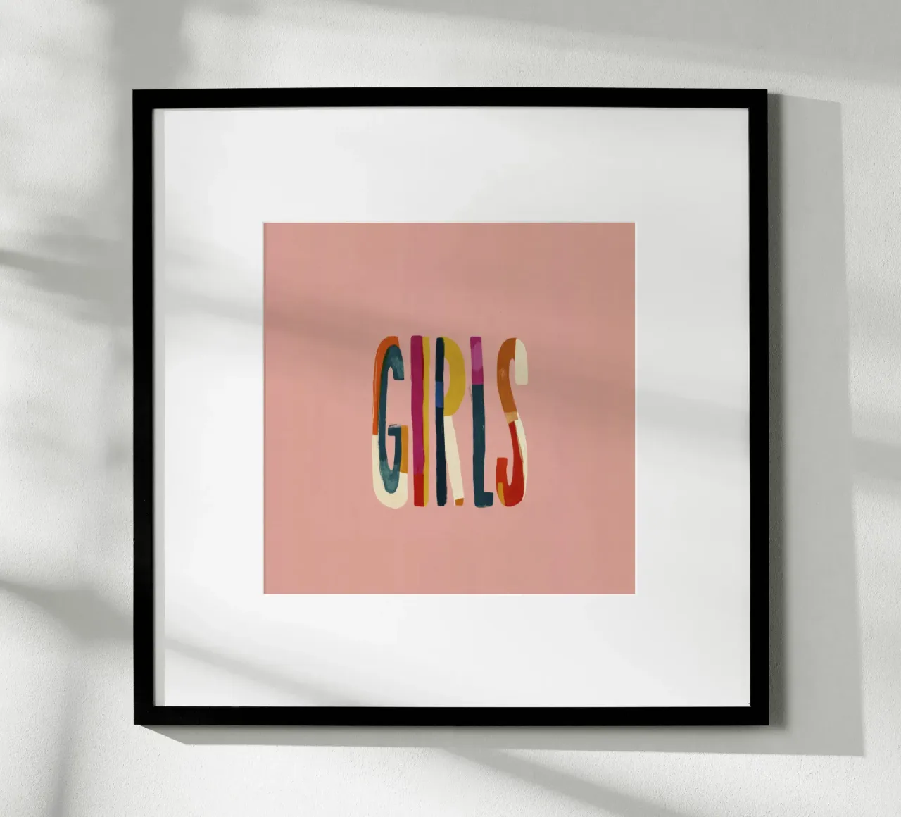 Mädchen Typografie Kunst Hand gezeichnete bunte Buchstaben Pfirsich Poster mit Kunststoffrahmen von Modern Muse