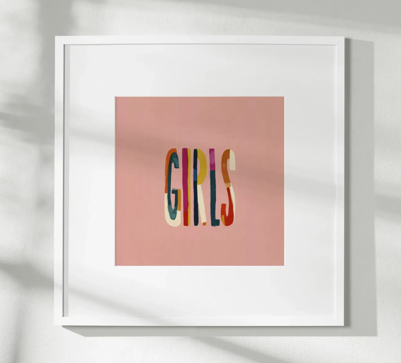 Mädchen Typografie Kunst Hand gezeichnete bunte Buchstaben Pfirsich Poster mit Kunststoffrahmen von Modern Muse