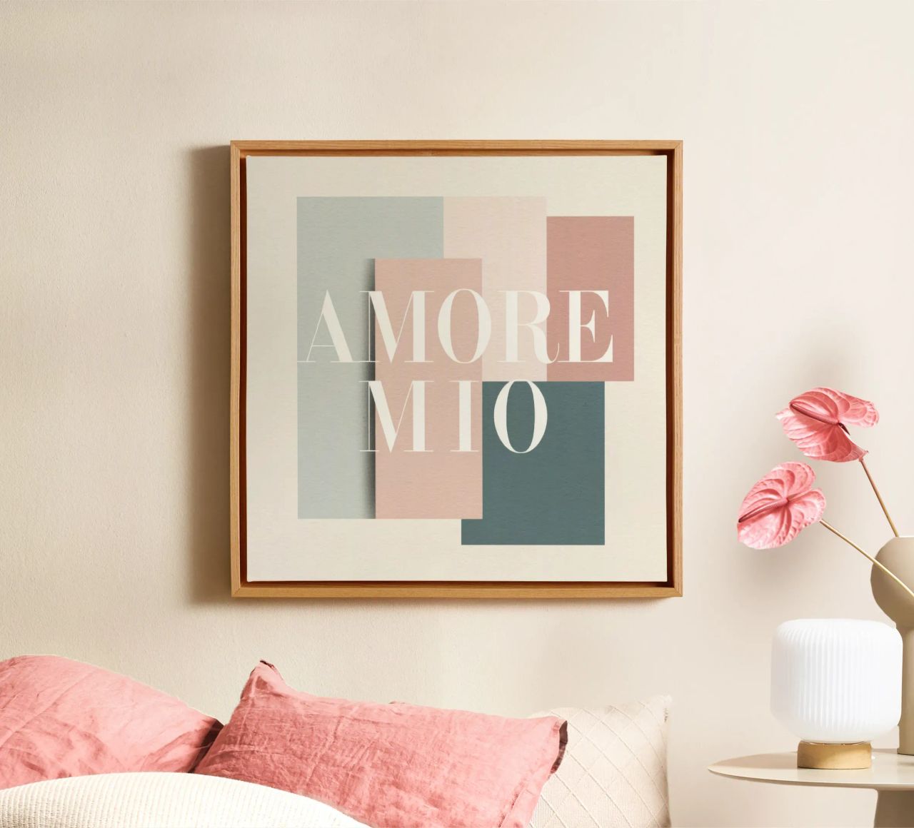 Amore Mio Typography Pastel Shapes Art Peach Grey Tones canvas by Modern Muse