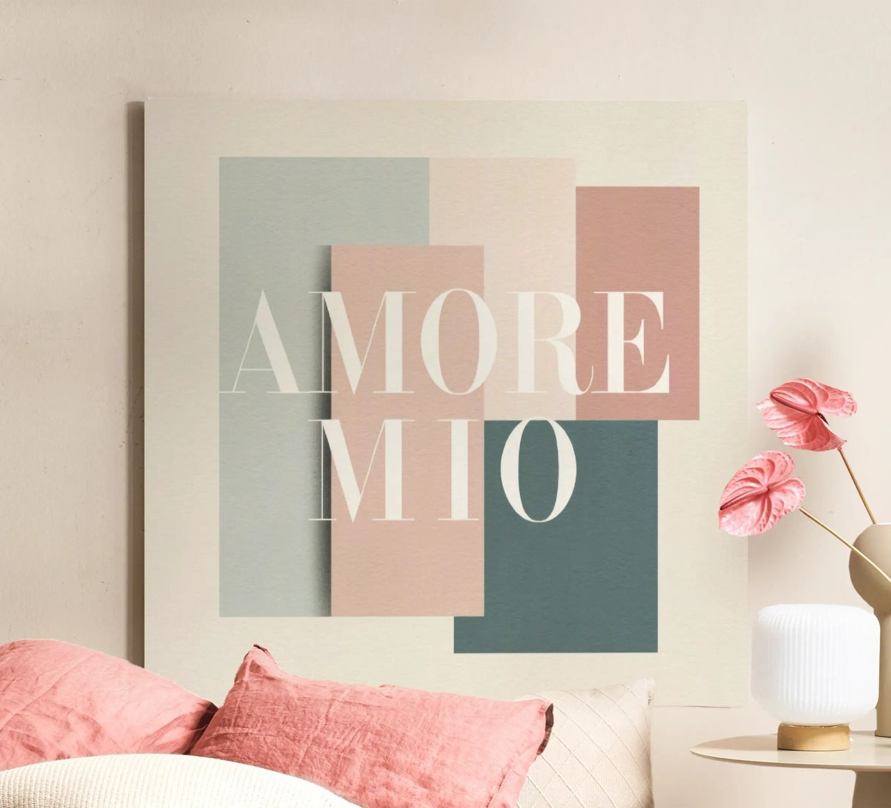 Amore Mio Typography Pastel Shapes Art Peach Grey Tones canvas by Modern Muse