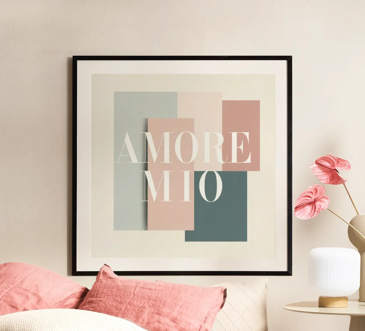 Amore Mio Typography Pastel Shapes Art Peach Grey Tones poster with plastic frame by Modern Muse