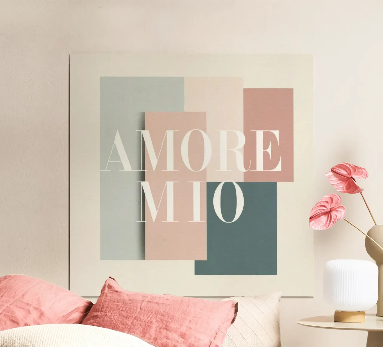 Amore Mio Typography Pastel Shapes Art Peach Grey Tones poster with plastic frame by Modern Muse