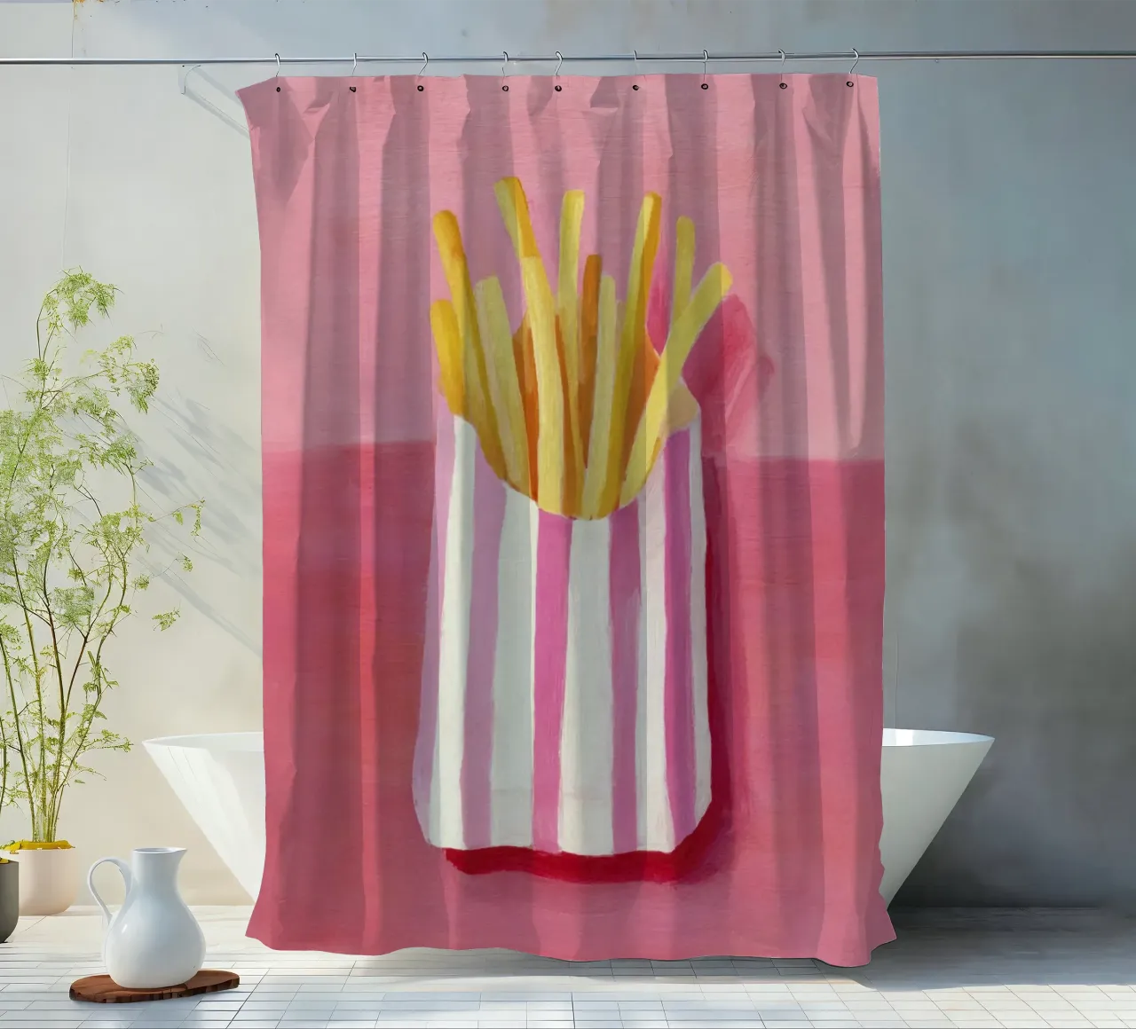Patatine fritte Borsa a righe rosa Illustrazione alimentare pop art tenda da doccia da Modern Muse