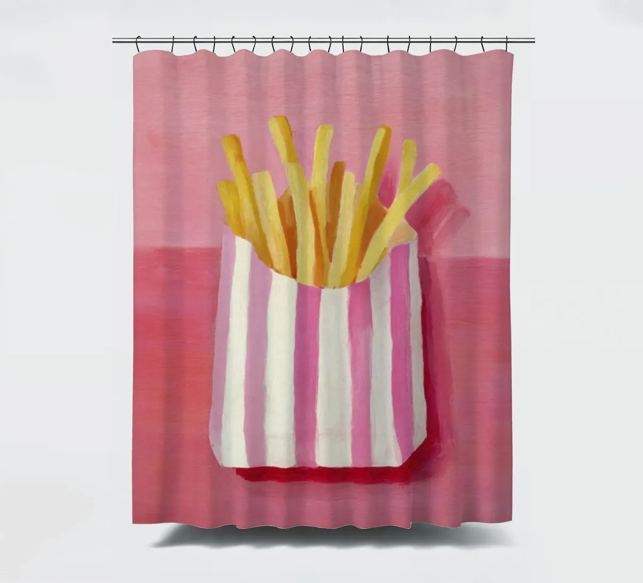 Patatine fritte Borsa a righe rosa Illustrazione alimentare pop art tenda da doccia da Modern Muse