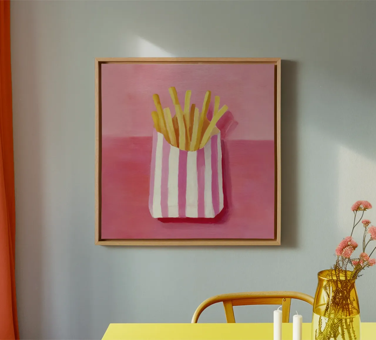Friet Roze Gestreepte Zak Pop Art Voedselillustratie canvas met Baklijst van Modern Muse