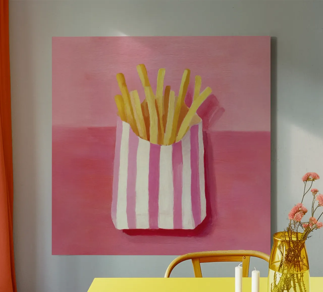 Friet Roze Gestreepte Zak Pop Art Voedselillustratie canvas met Baklijst van Modern Muse