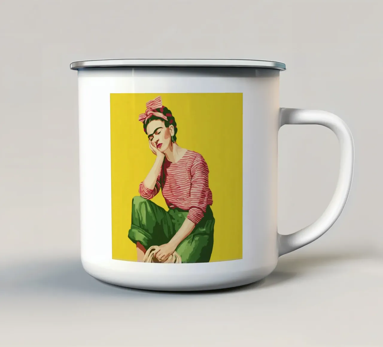 Chica Mexicana Boho Con Camisa A Rayas Pantalones Verdes taza de esmalte de Modern Muse