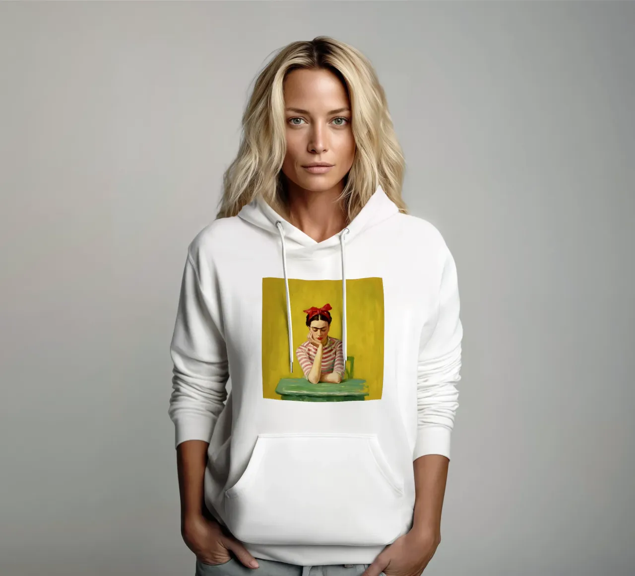 Ragazza messicana con fiocco rosso al tavolo verde, vibrazioni retrò felpa con cappuccio da Modern Muse