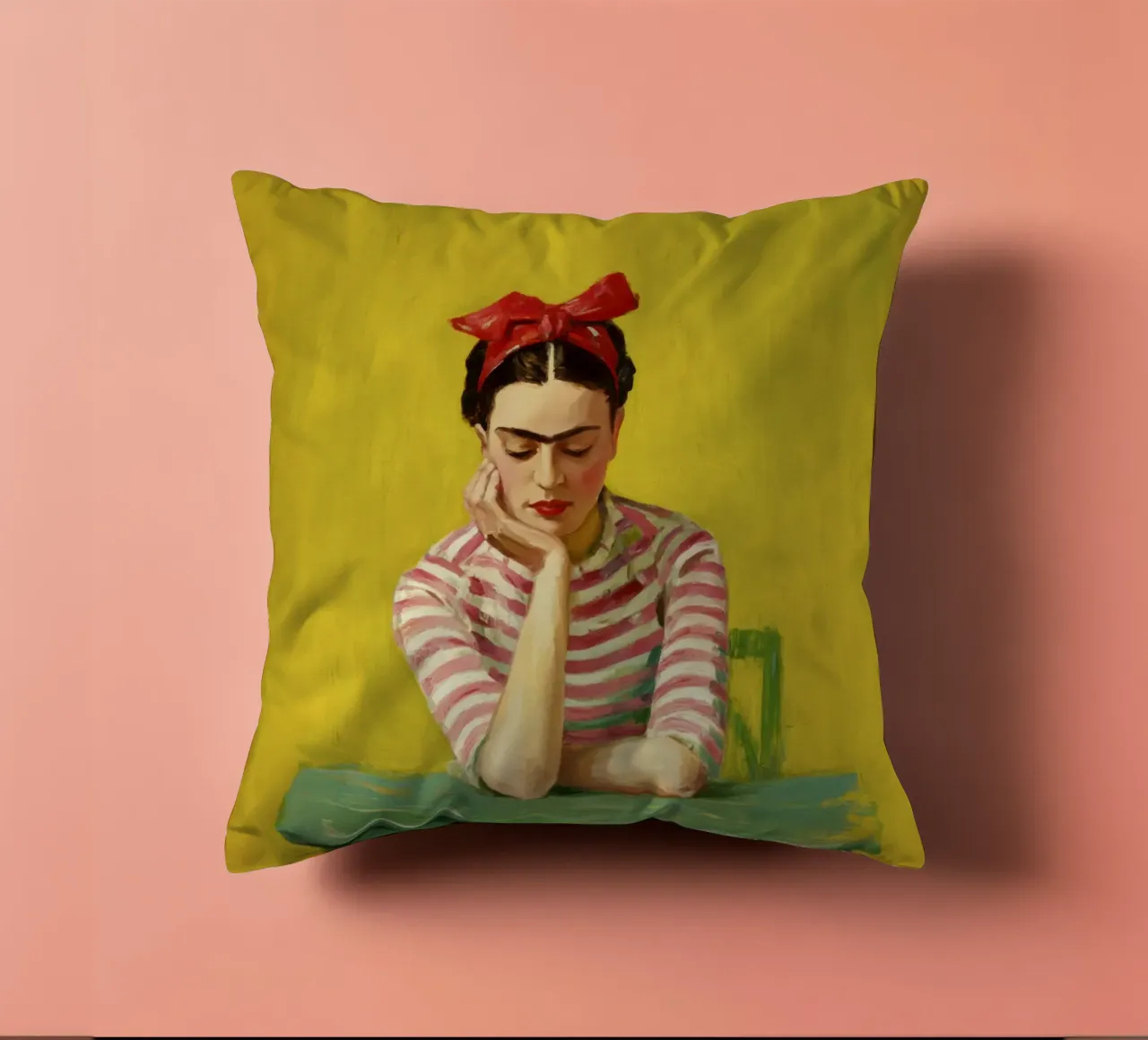Fille mexicaine avec un nœud rouge à une table verte, Retro Vibes coussin de Modern Muse