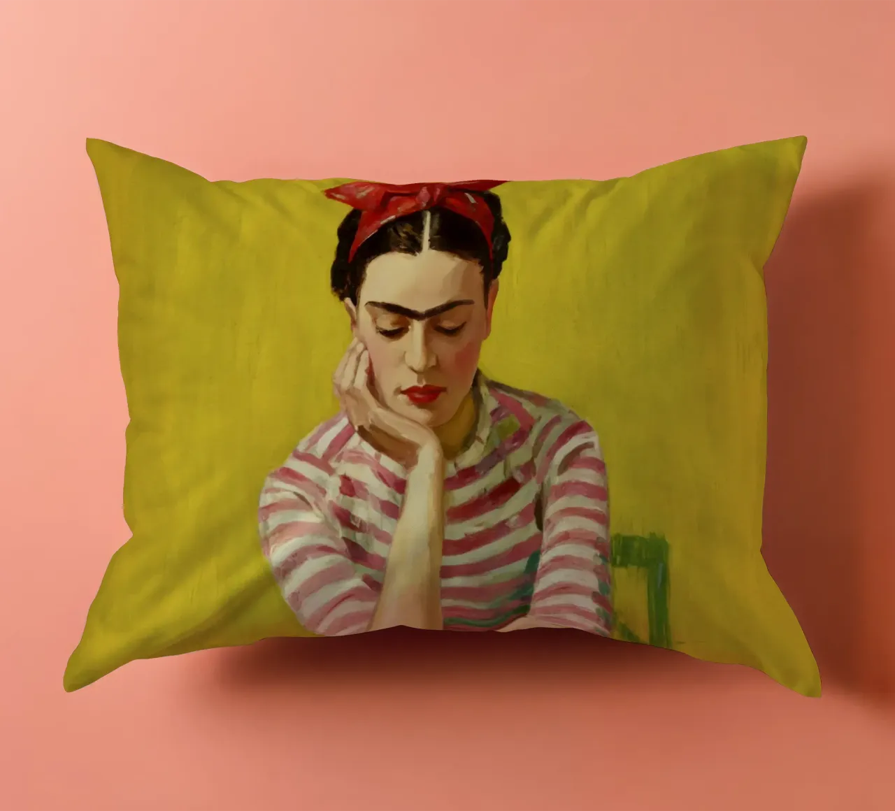 Fille mexicaine avec un nœud rouge à une table verte, Retro Vibes coussin de Modern Muse
