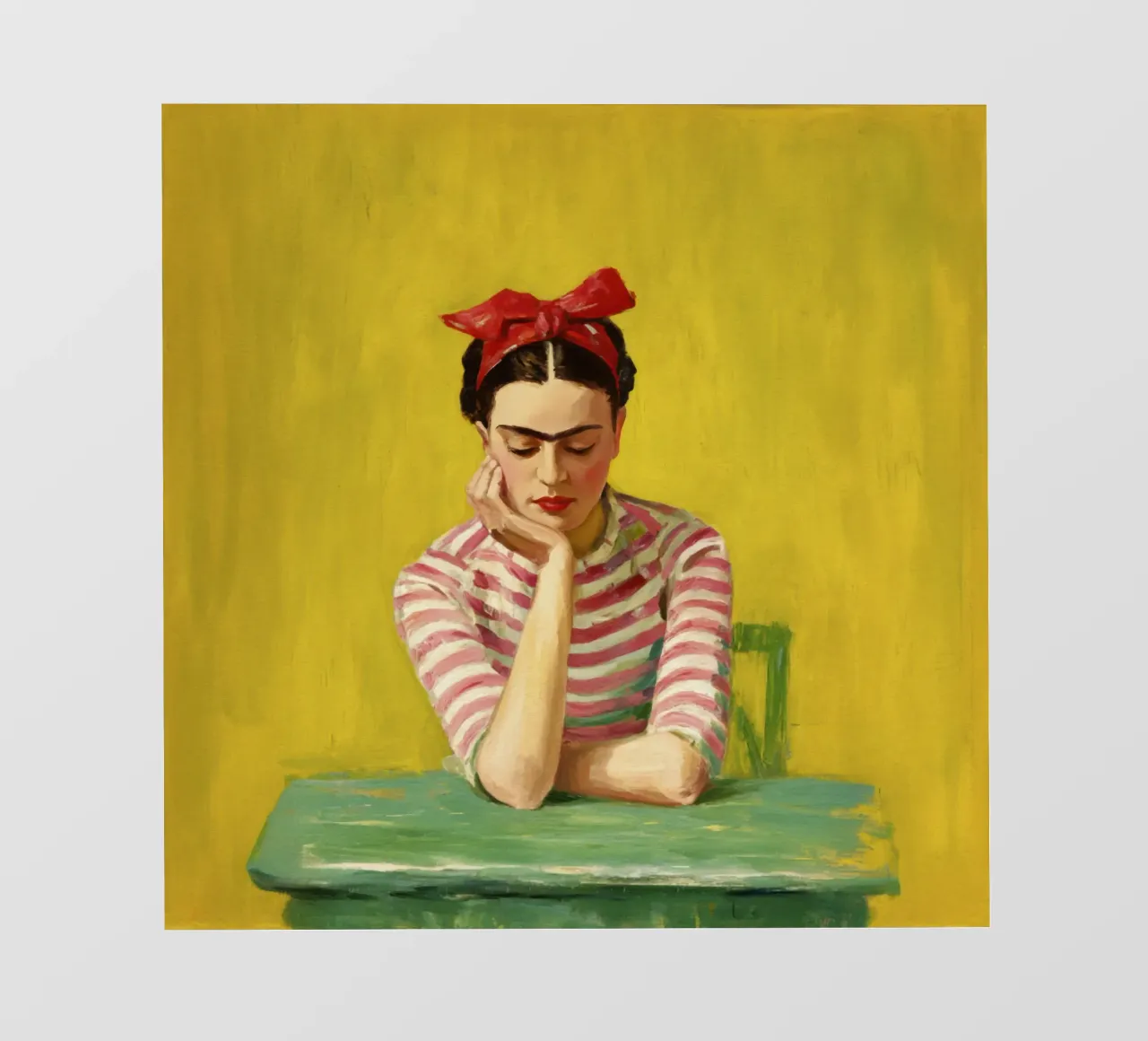 Fille mexicaine avec un nœud rouge à une table verte, Retro Vibes bâche pvc de Modern Muse