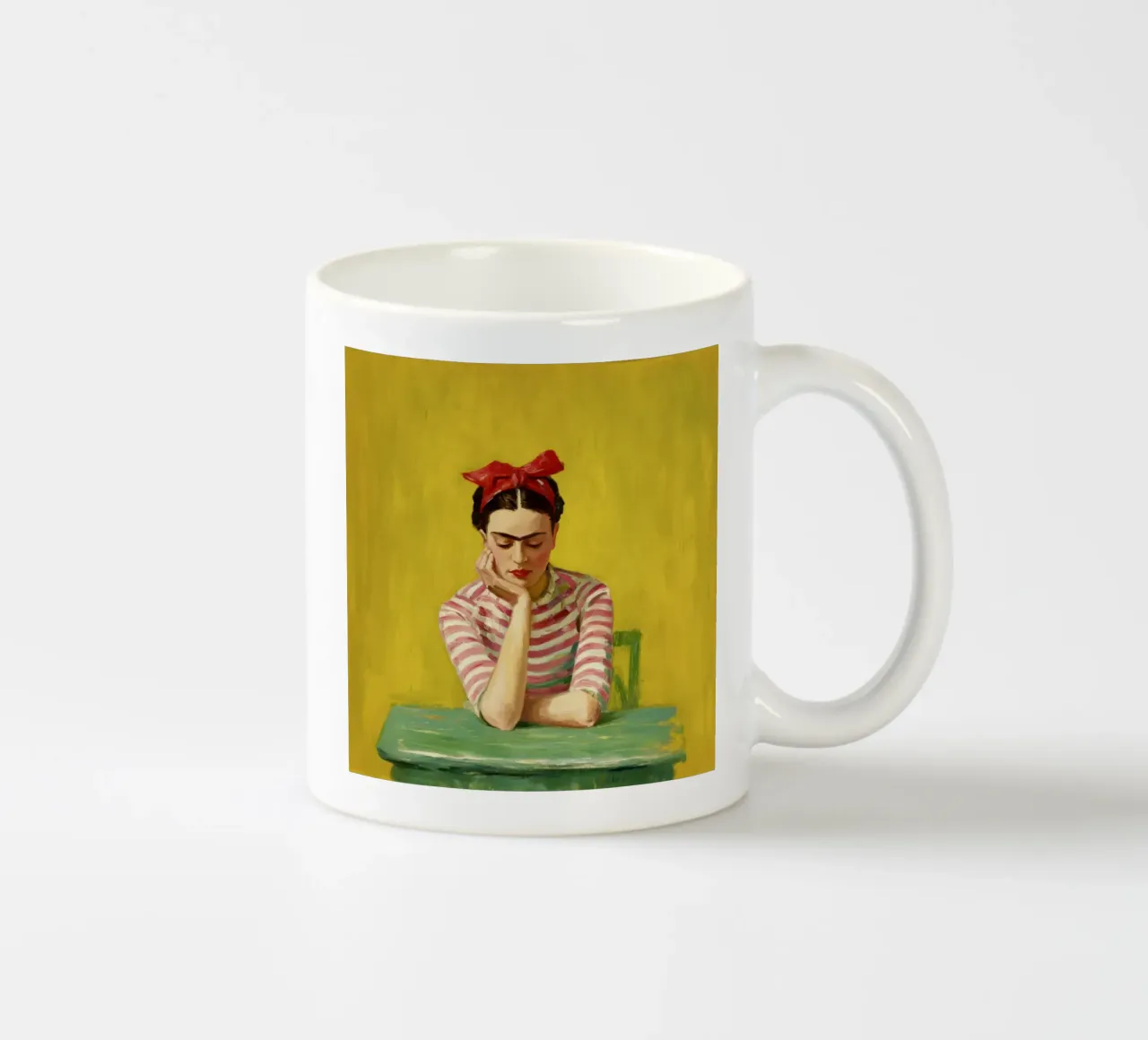 Fille mexicaine avec un nœud rouge à une table verte, Retro Vibes mug en céramique de Modern Muse
