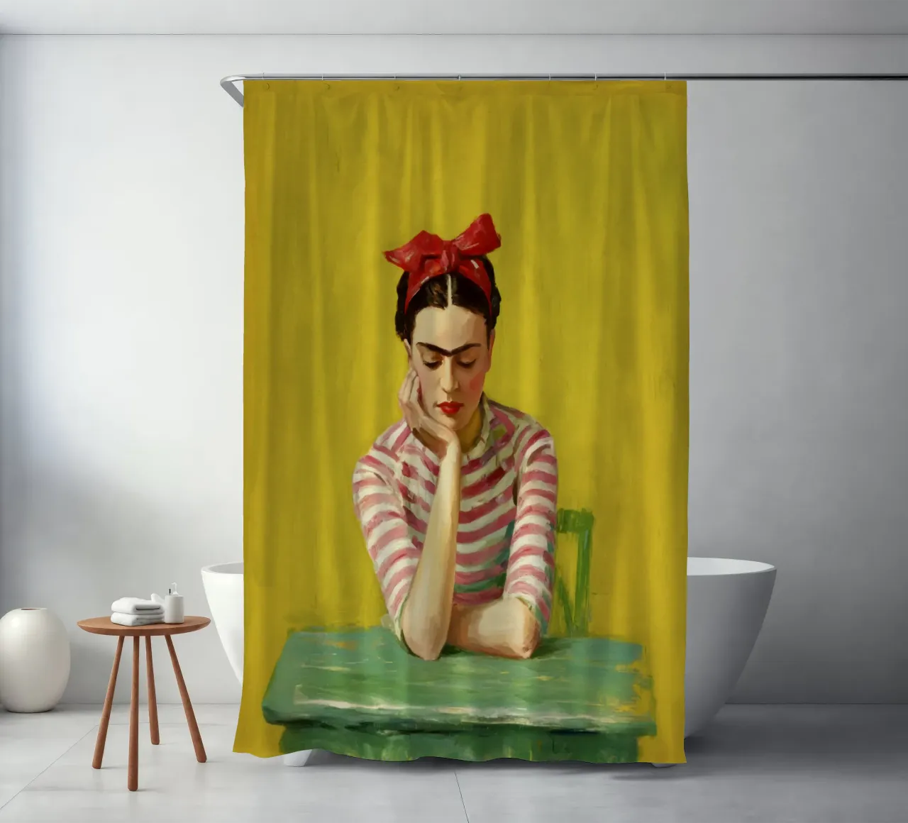 Fille mexicaine avec un nœud rouge à une table verte, Retro Vibes rideau de douche de Modern Muse