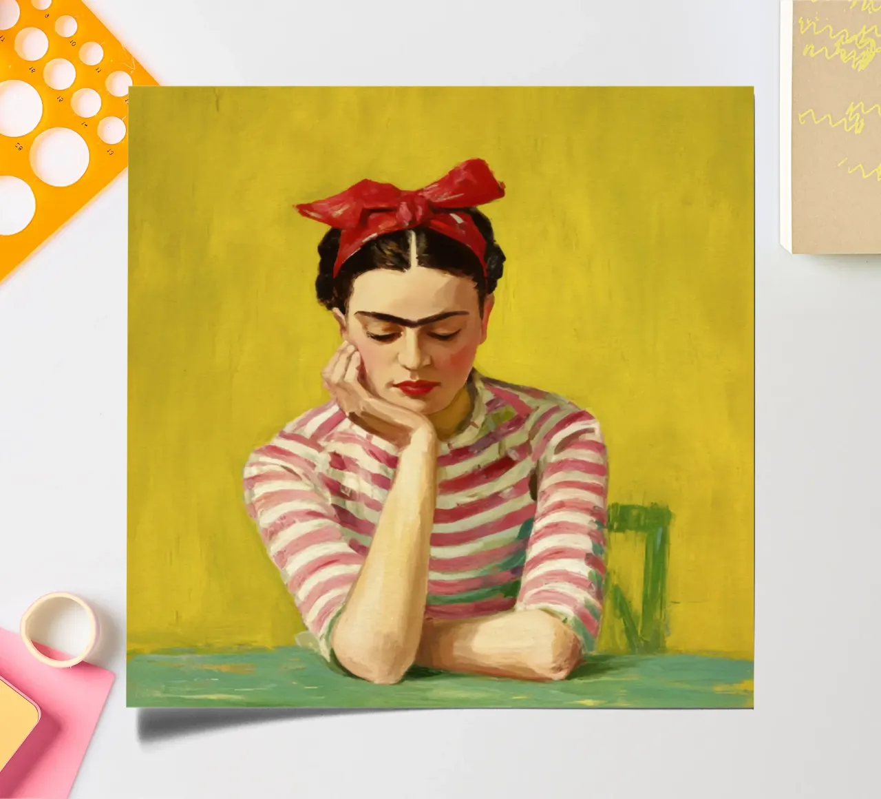 Fille mexicaine avec un nœud rouge à une table verte, Retro Vibes planche autocollant de Modern Muse