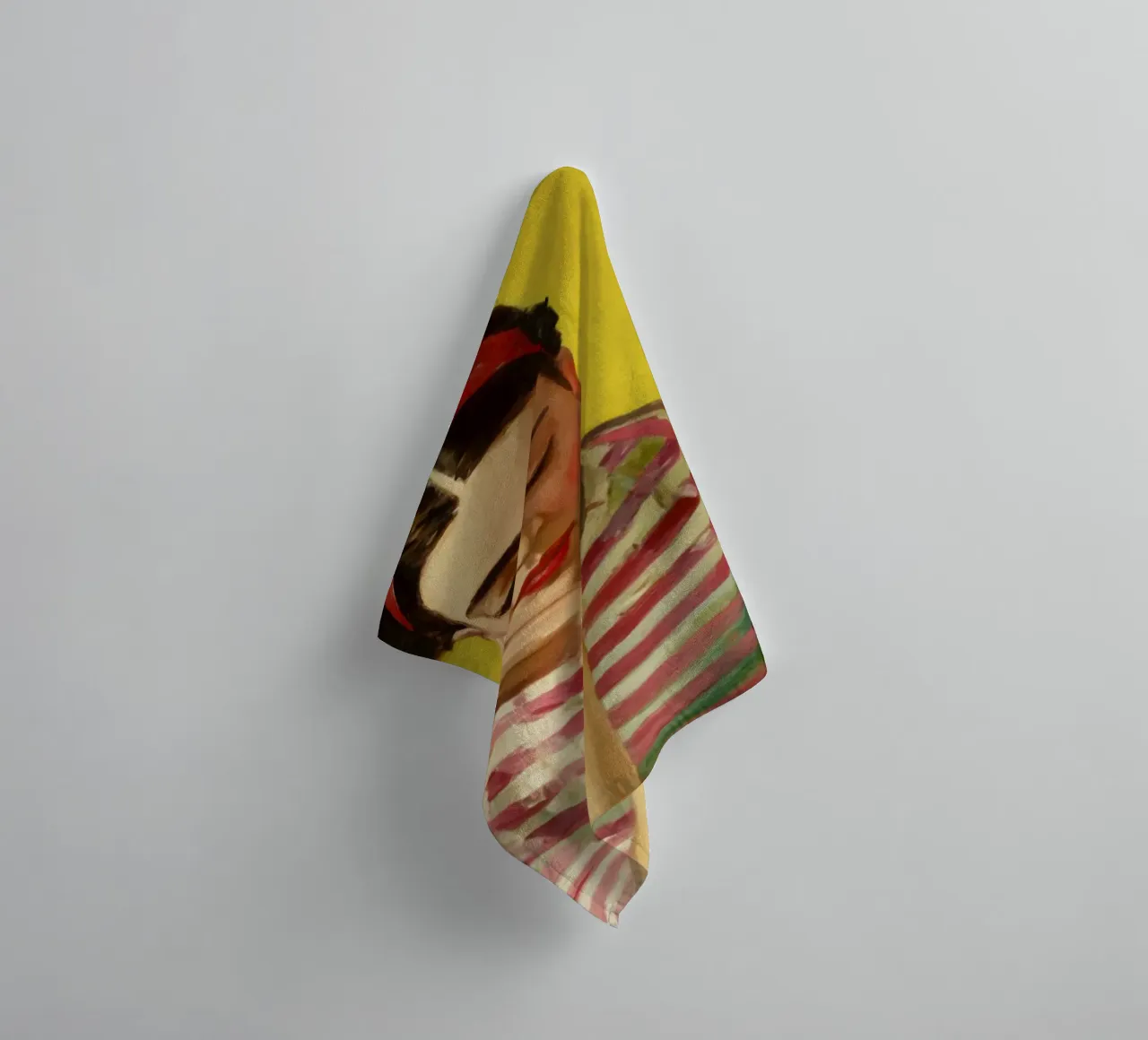 Bohemian Girl with Red Bow at Green Table, Retro Vibes towel by Modern Muse