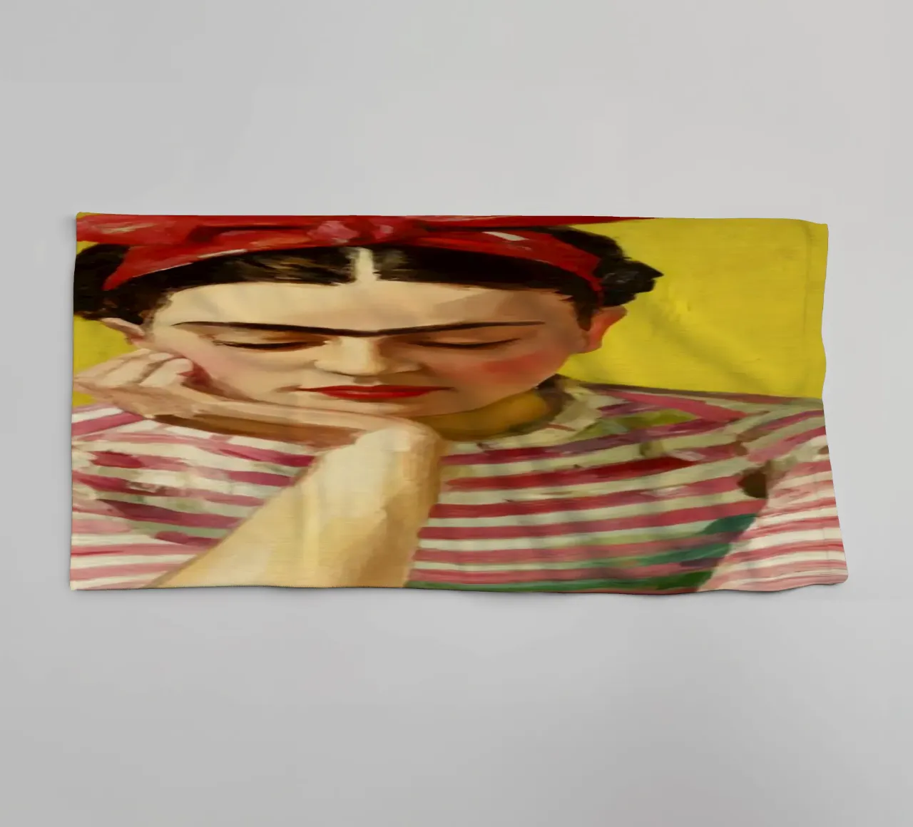 Bohemian Girl with Red Bow at Green Table, Retro Vibes towel by Modern Muse