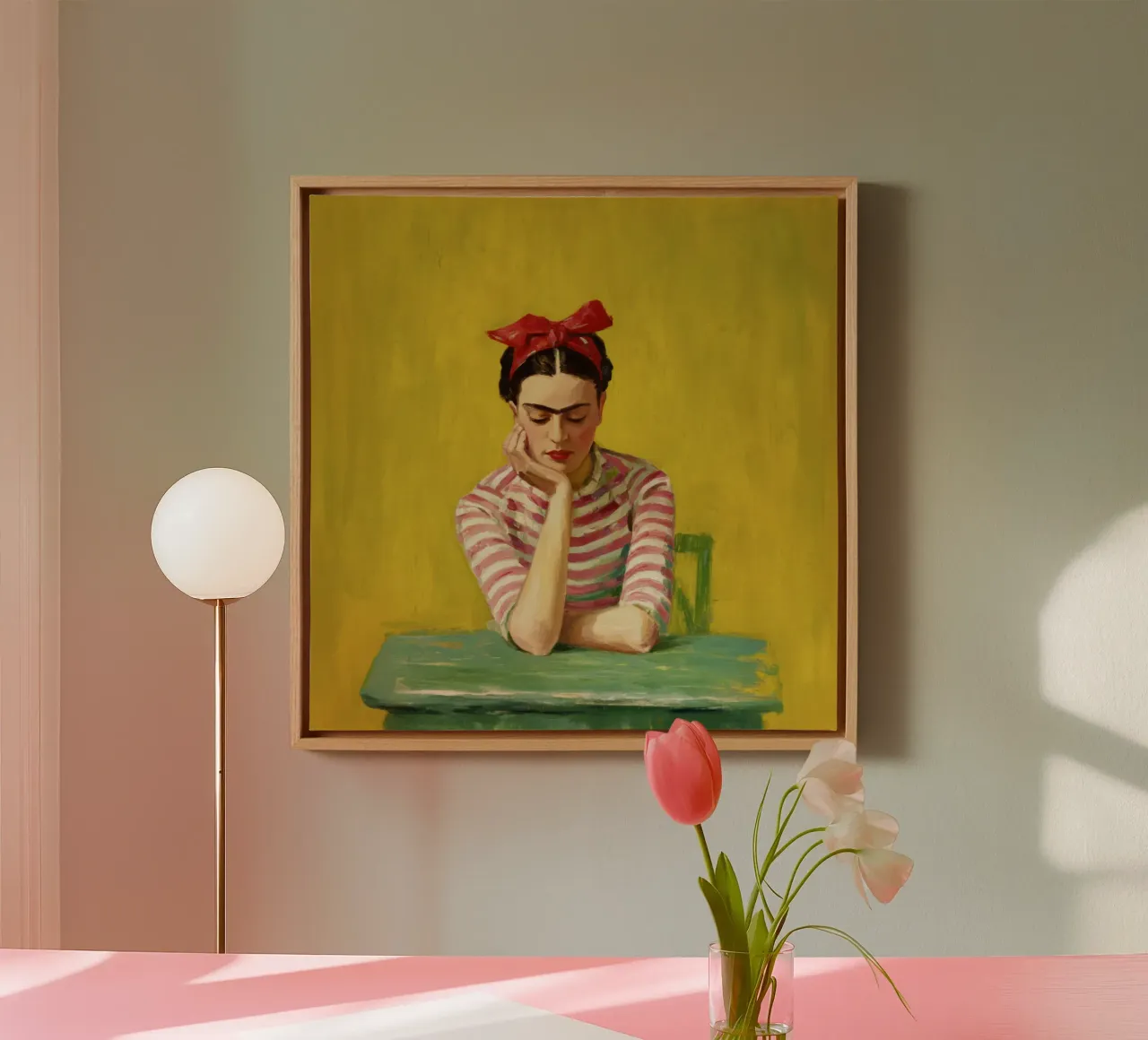 Mexican Girl with Red Bow at Green Table, Retro Vibes canvas by Modern Muse