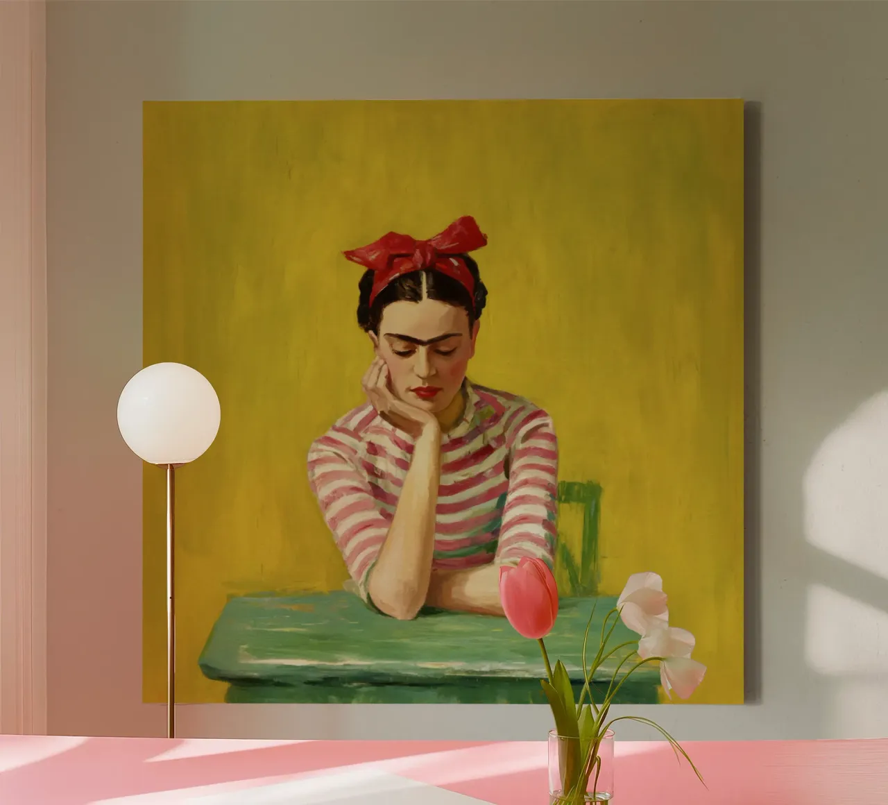 Mexican Girl with Red Bow at Green Table, Retro Vibes canvas by Modern Muse