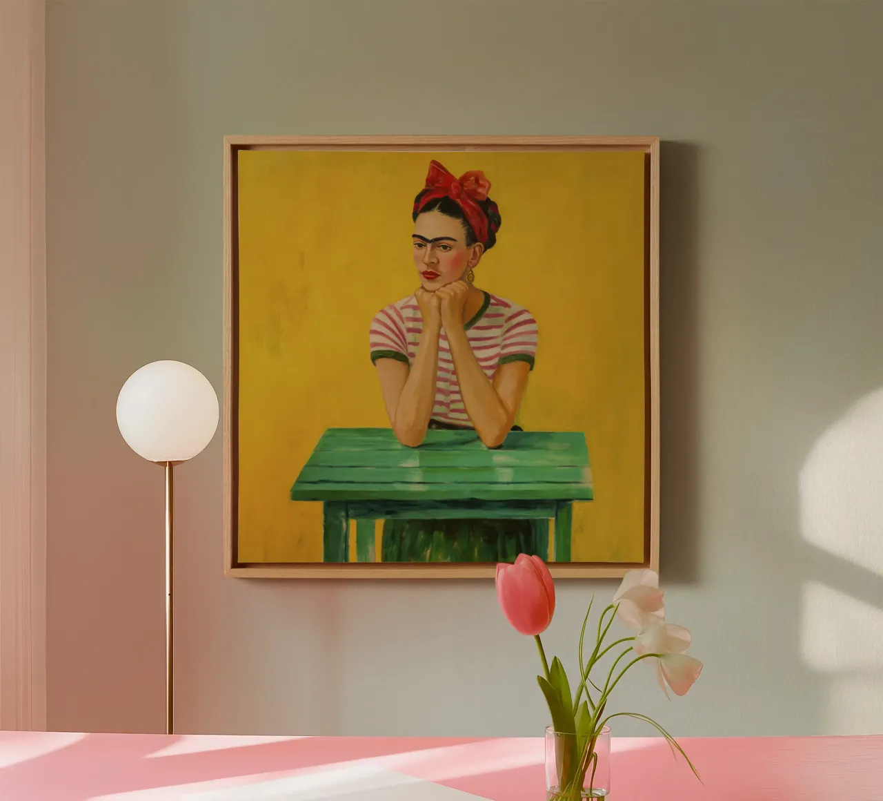 Illustrazione di ragazza boho Camicia a righe rosse Arte da tavolo verde tela con Cornice a cassetta da Modern Muse