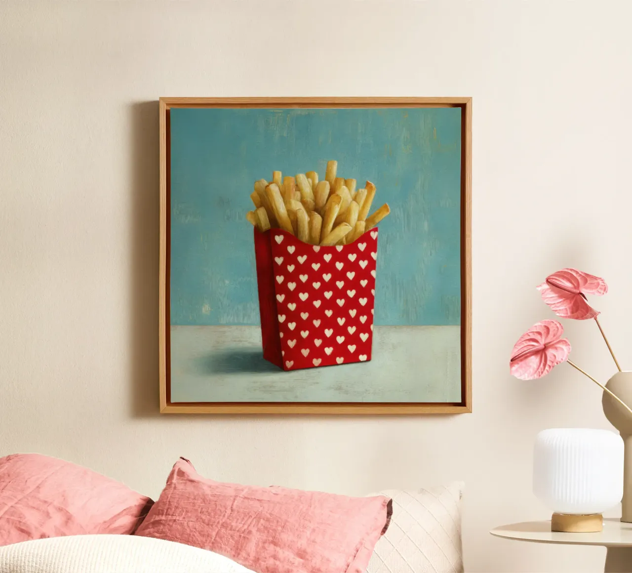 Frites Rood Wit Harten Zak Pop Art Voedsel Illustratie canvas met Baklijst van Modern Muse