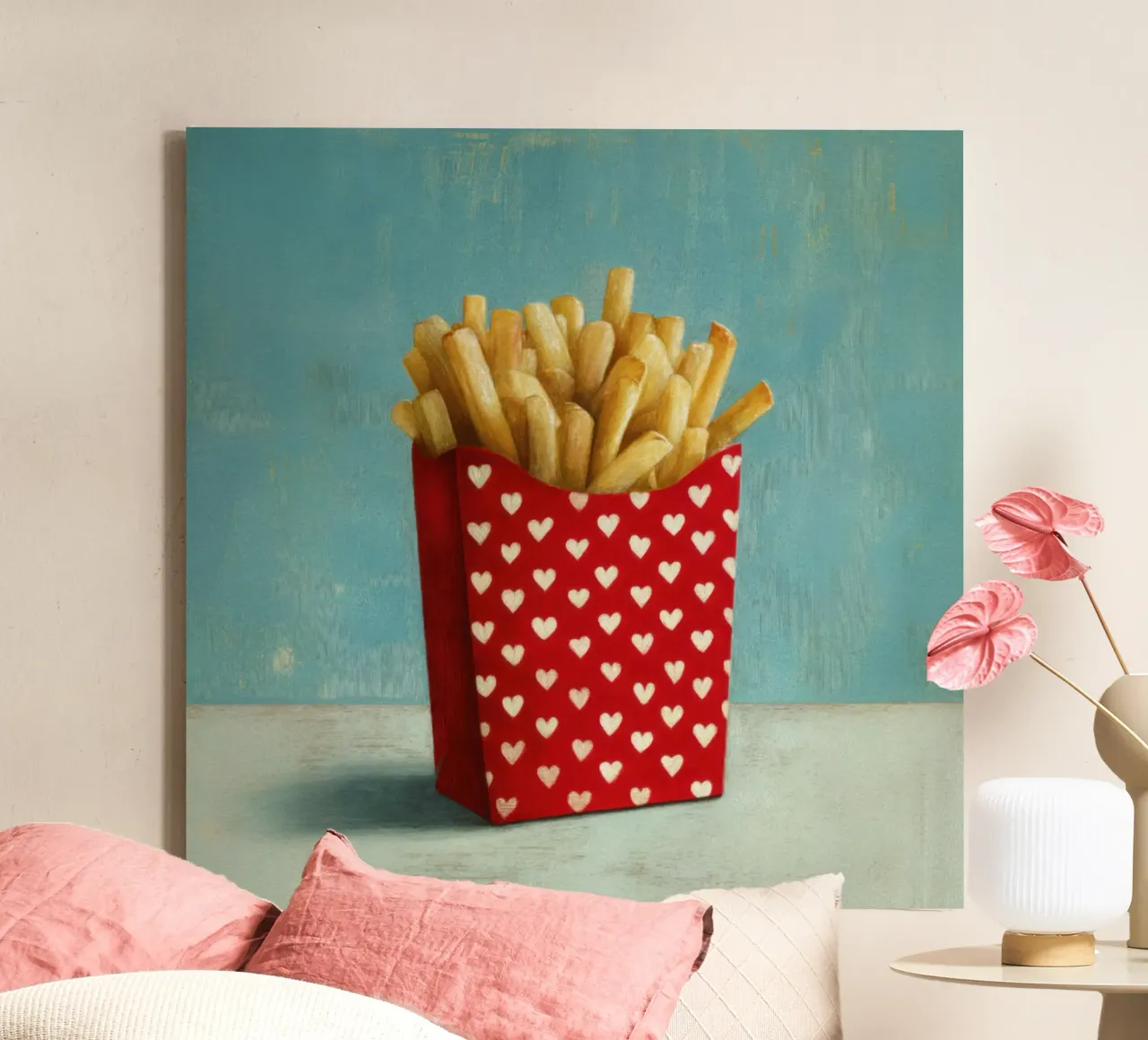 Frites Rood Wit Harten Zak Pop Art Voedsel Illustratie canvas met Baklijst van Modern Muse
