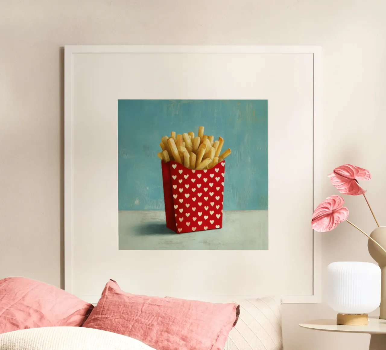 Frites Rood Wit Harten Zak Pop Art Voedsel Illustratie poster met kunststof frame van Modern Muse
