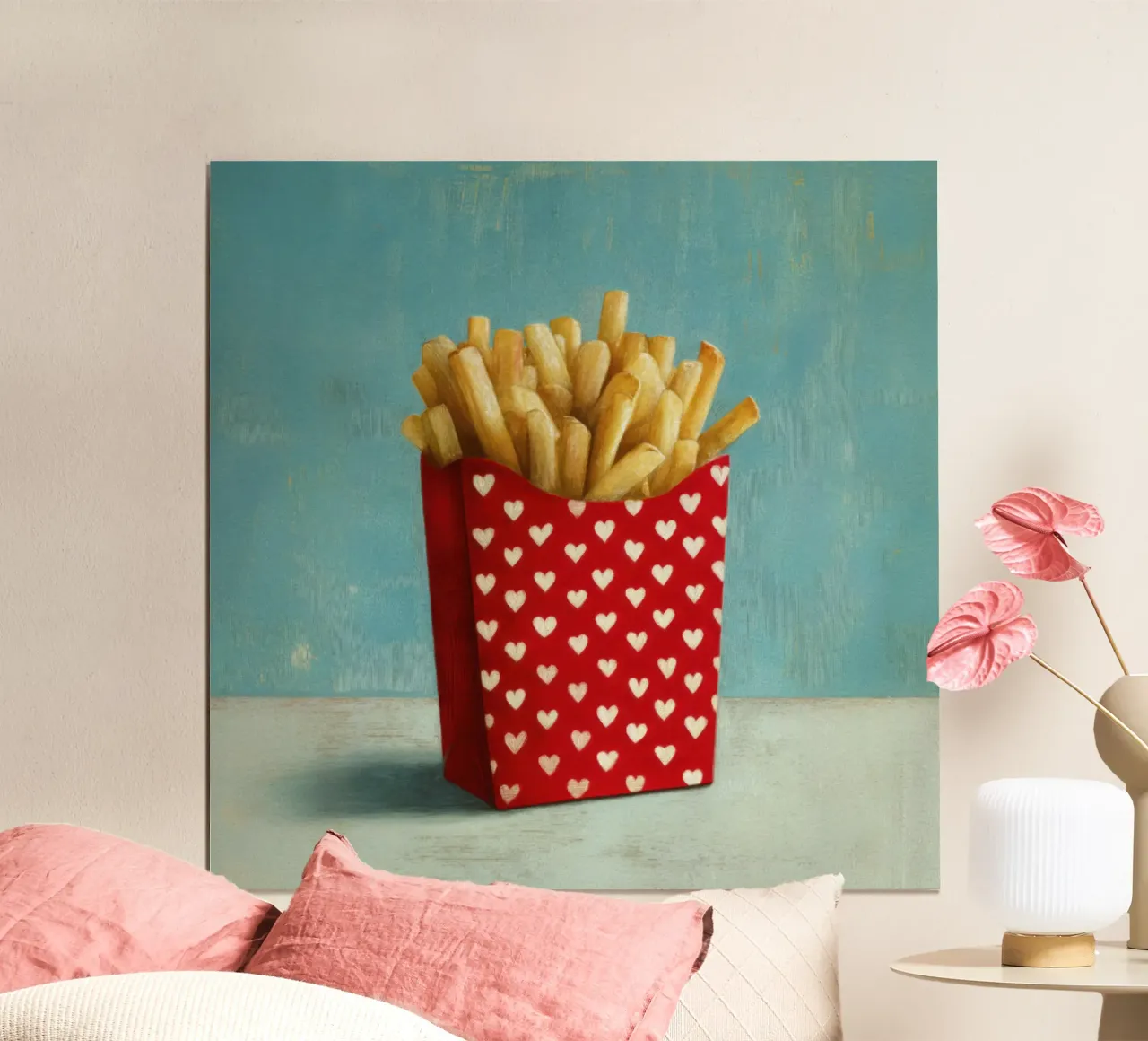 Frites Rood Wit Harten Zak Pop Art Voedsel Illustratie poster met kunststof frame van Modern Muse