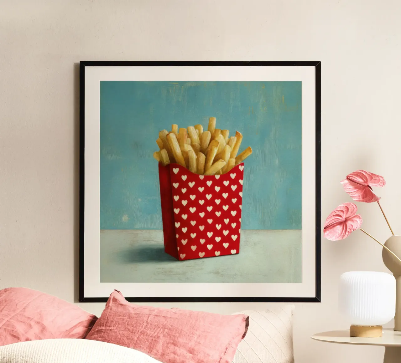 Frites Rood Wit Harten Zak Pop Art Voedsel Illustratie poster met kunststof frame van Modern Muse