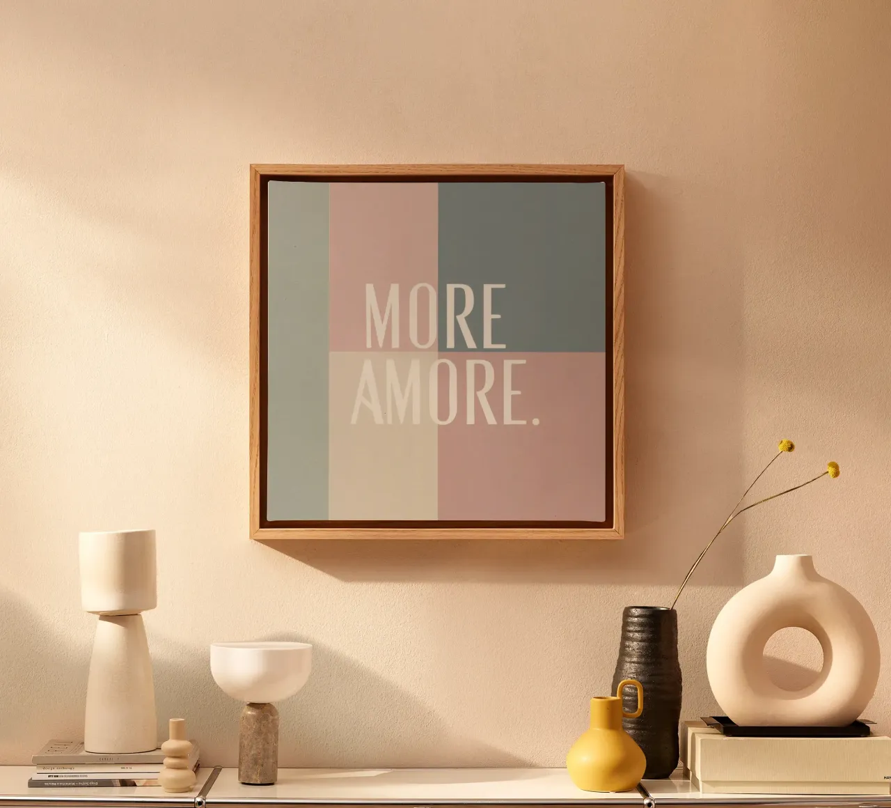 More Amore Typography Pastel Shapes Art Peach Grey Tones canvas with Floater frame by Modern Muse