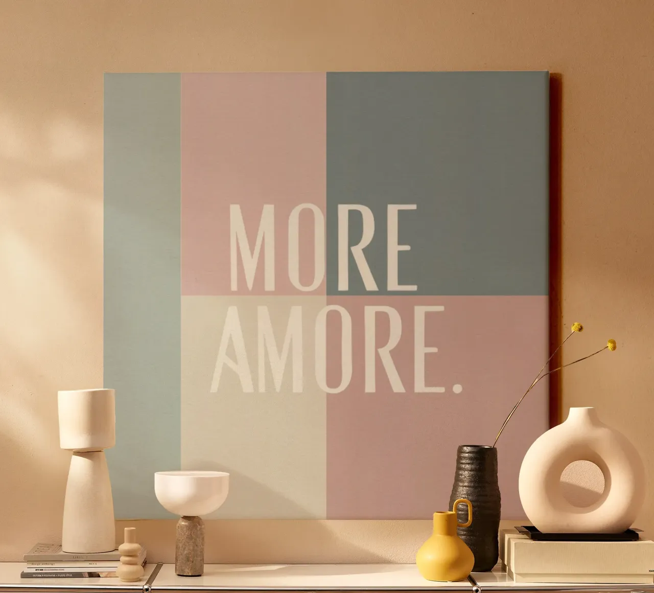 More Amore Typography Pastel Shapes Art Peach Grey Tones canvas with Floater frame by Modern Muse