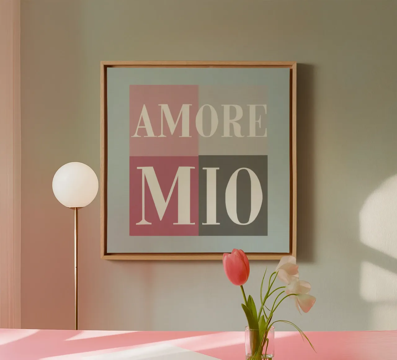 Amore MIO Typography Pastel Shapes Art Peach Grey Tones canvas with Floater frame by Modern Muse