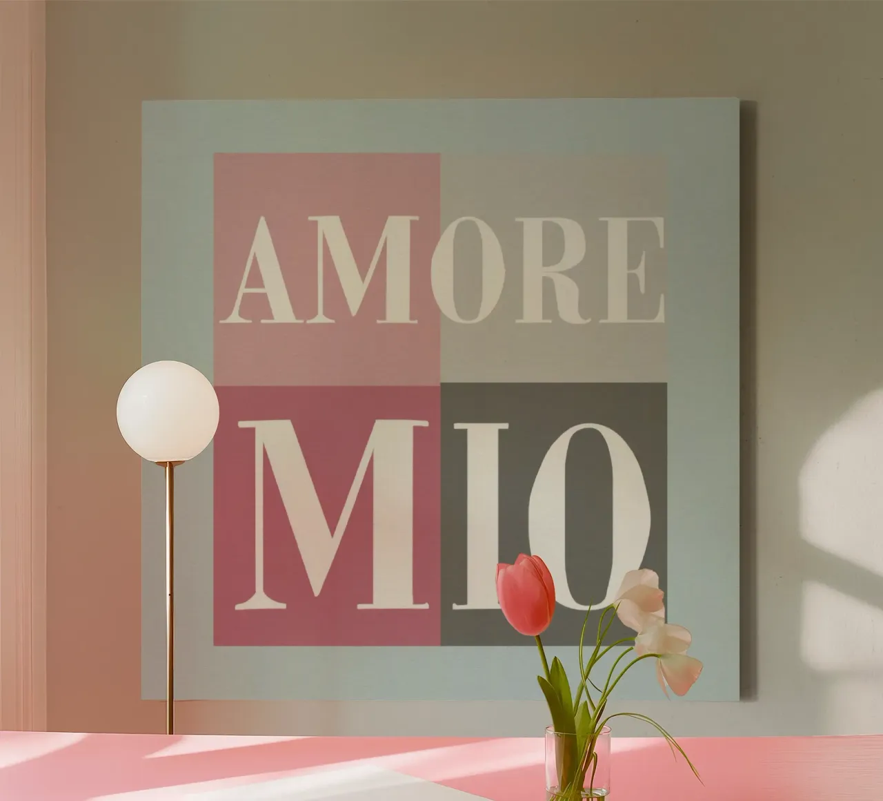 Amore MIO Typography Pastel Shapes Art Peach Grey Tones canvas with Floater frame by Modern Muse