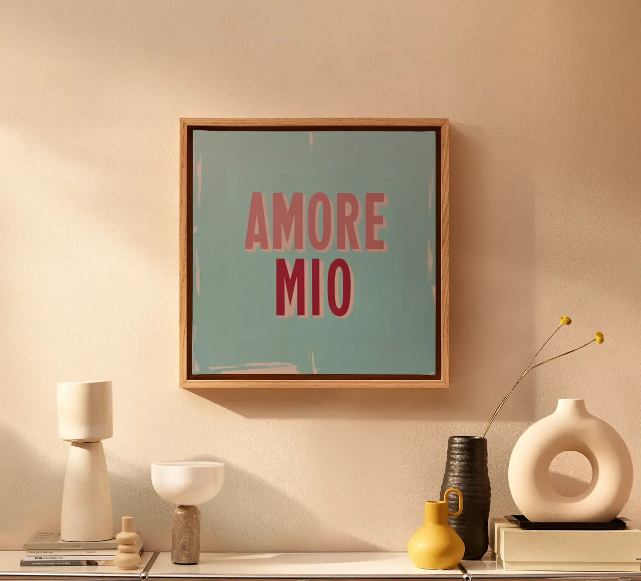 Amore Mio Typography Pastel Shapes Art Peach Grey Tones canvas with Floater frame by Modern Muse