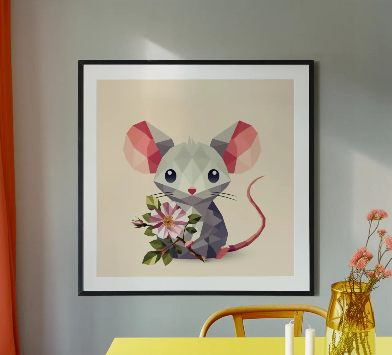 Souris avec une fleur - doux motif pour enfants poster avec cadre en plastique de namosh