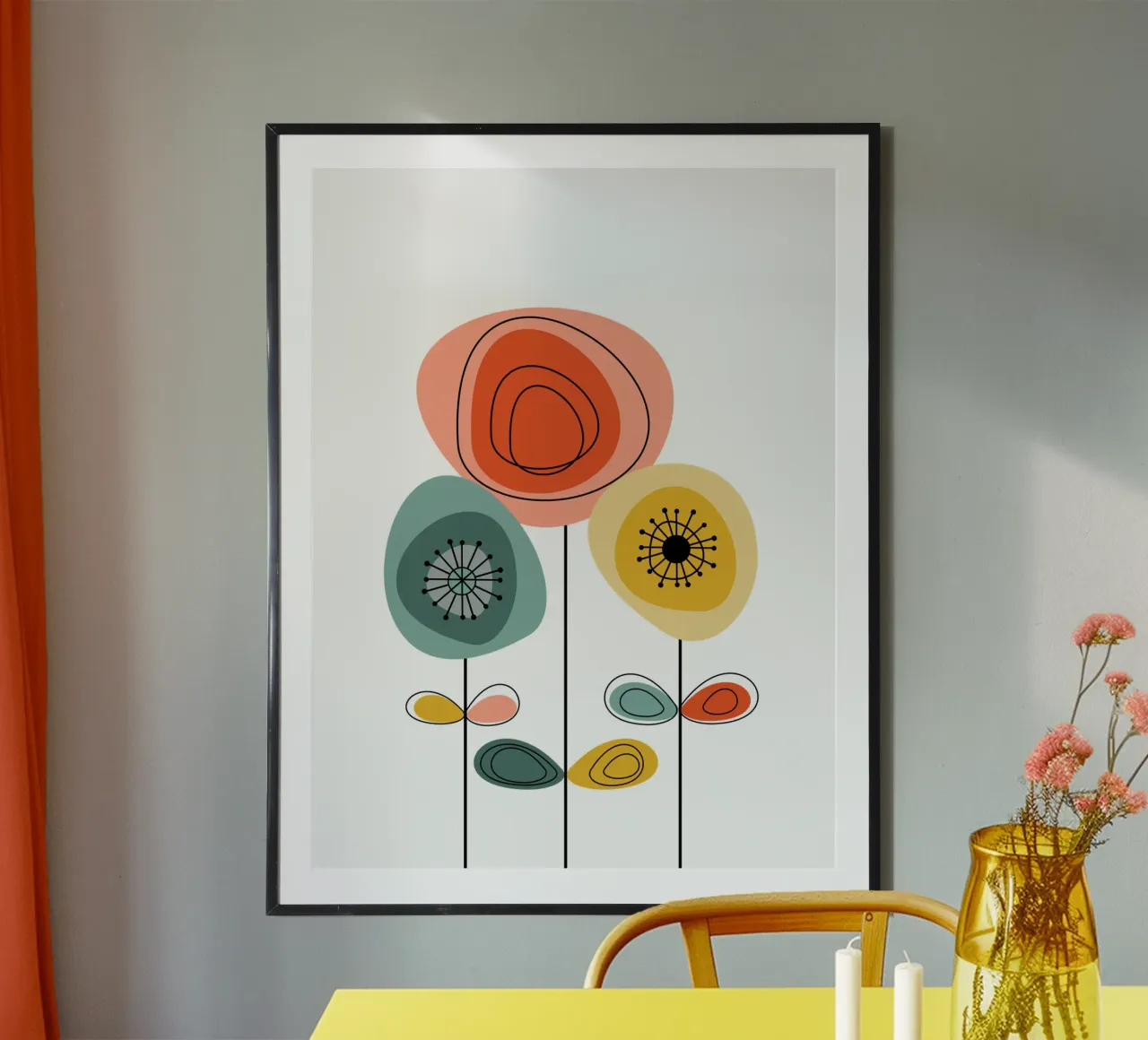 Flores modernas de mediados de siglo 1 poster con marco de madera de Dream Print Designs