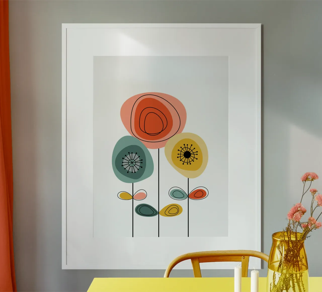 Flores modernas de mediados de siglo 1 poster con marco de madera de Dream Print Designs