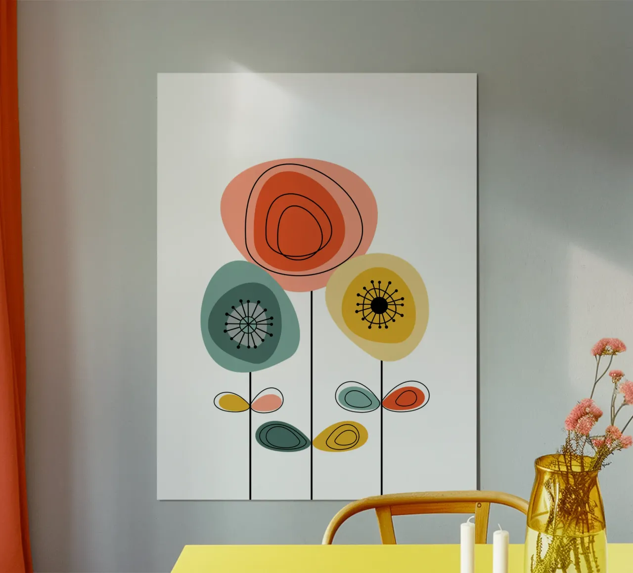 Flores modernas de mediados de siglo 1 poster con marco de madera de Dream Print Designs