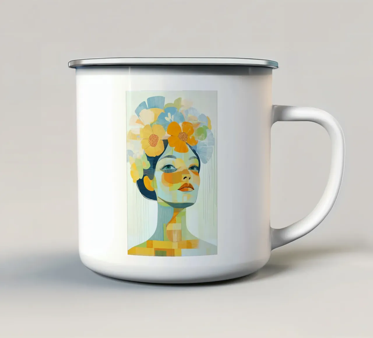 Donna con fiori tra i capelli tazza in smalto da Imagine