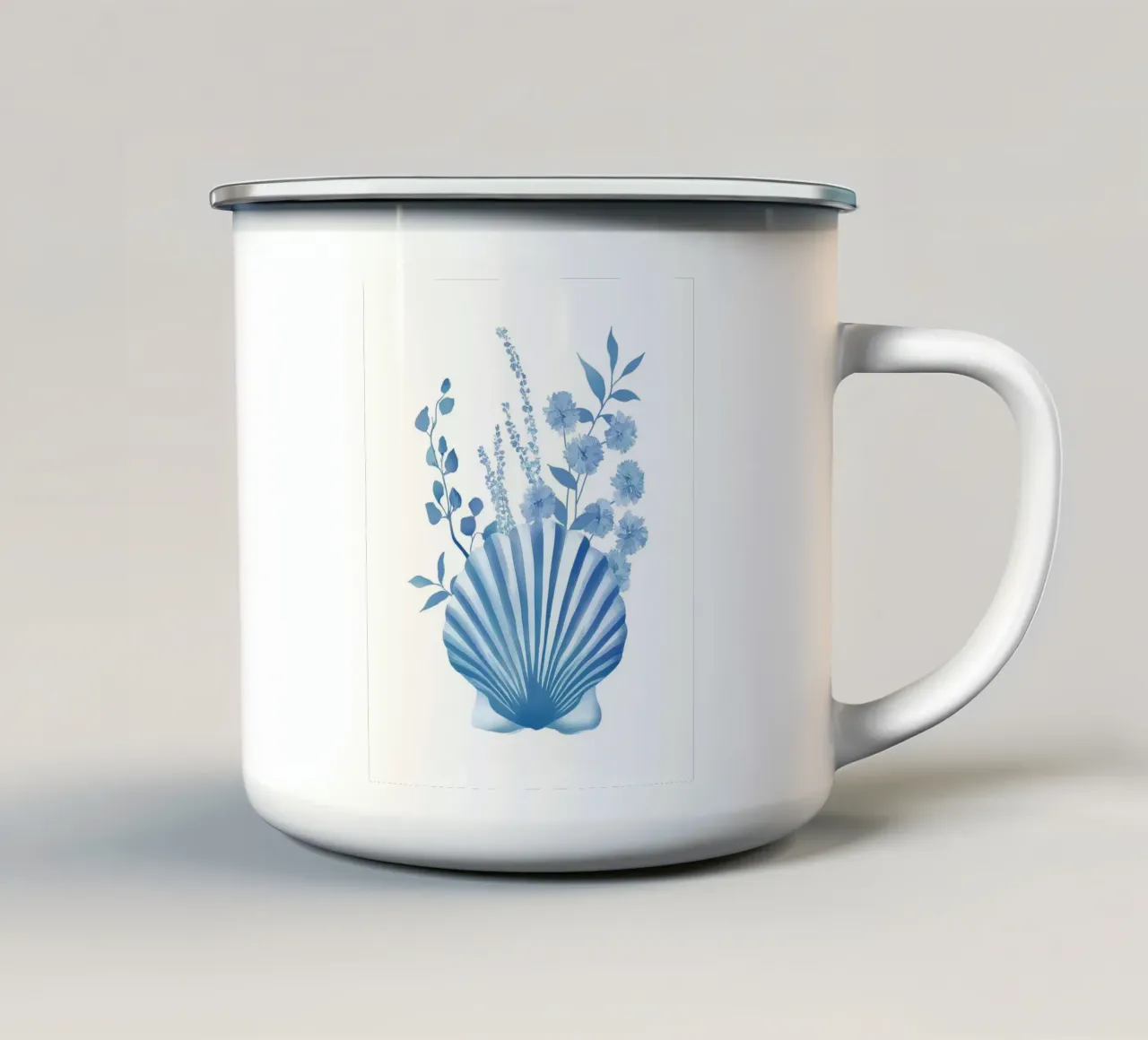 Zeekust Blauw Botanisch Schelp Bloemen Modern Chinoiserie Kunst emaille mok van Gentle Echoes Art