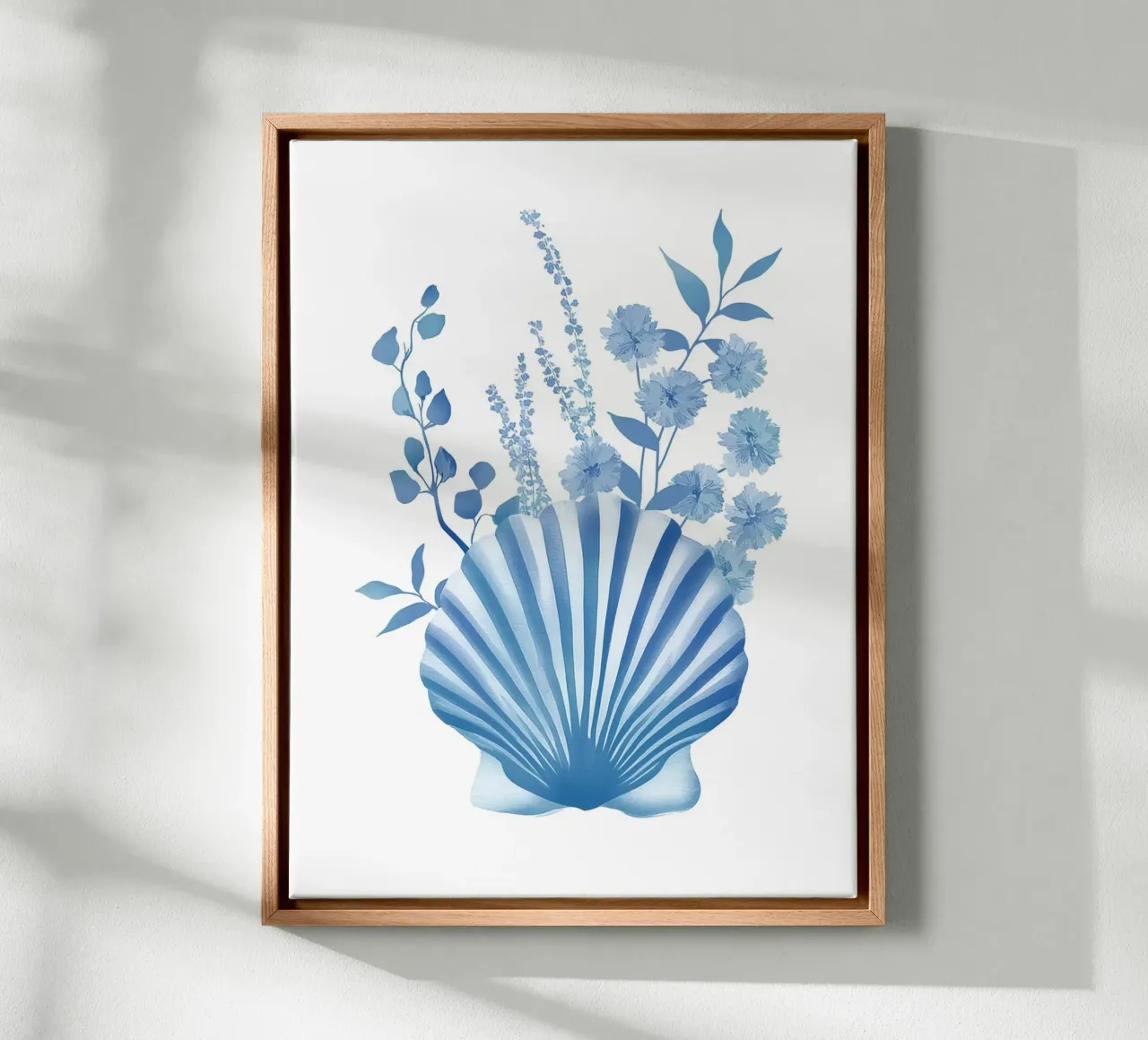 Zeekust Blauw Botanisch Schelp Bloemen Modern Chinoiserie Kunst canvas met Baklijst van Gentle Echoes Art