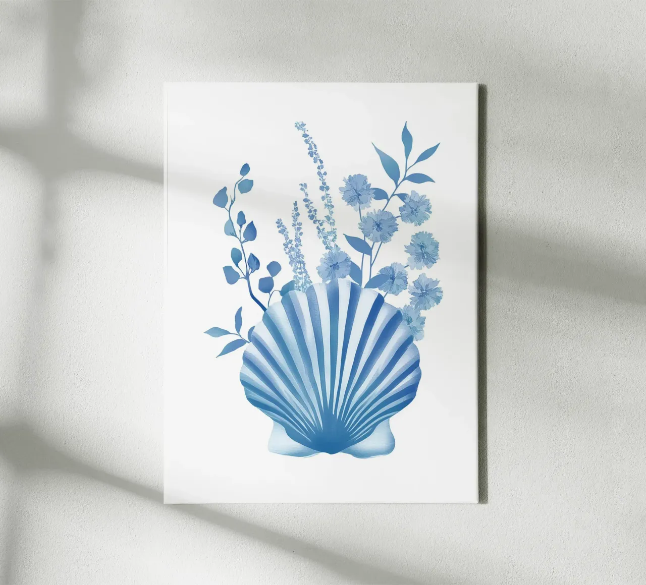 Zeekust Blauw Botanisch Schelp Bloemen Modern Chinoiserie Kunst canvas met Baklijst van Gentle Echoes Art