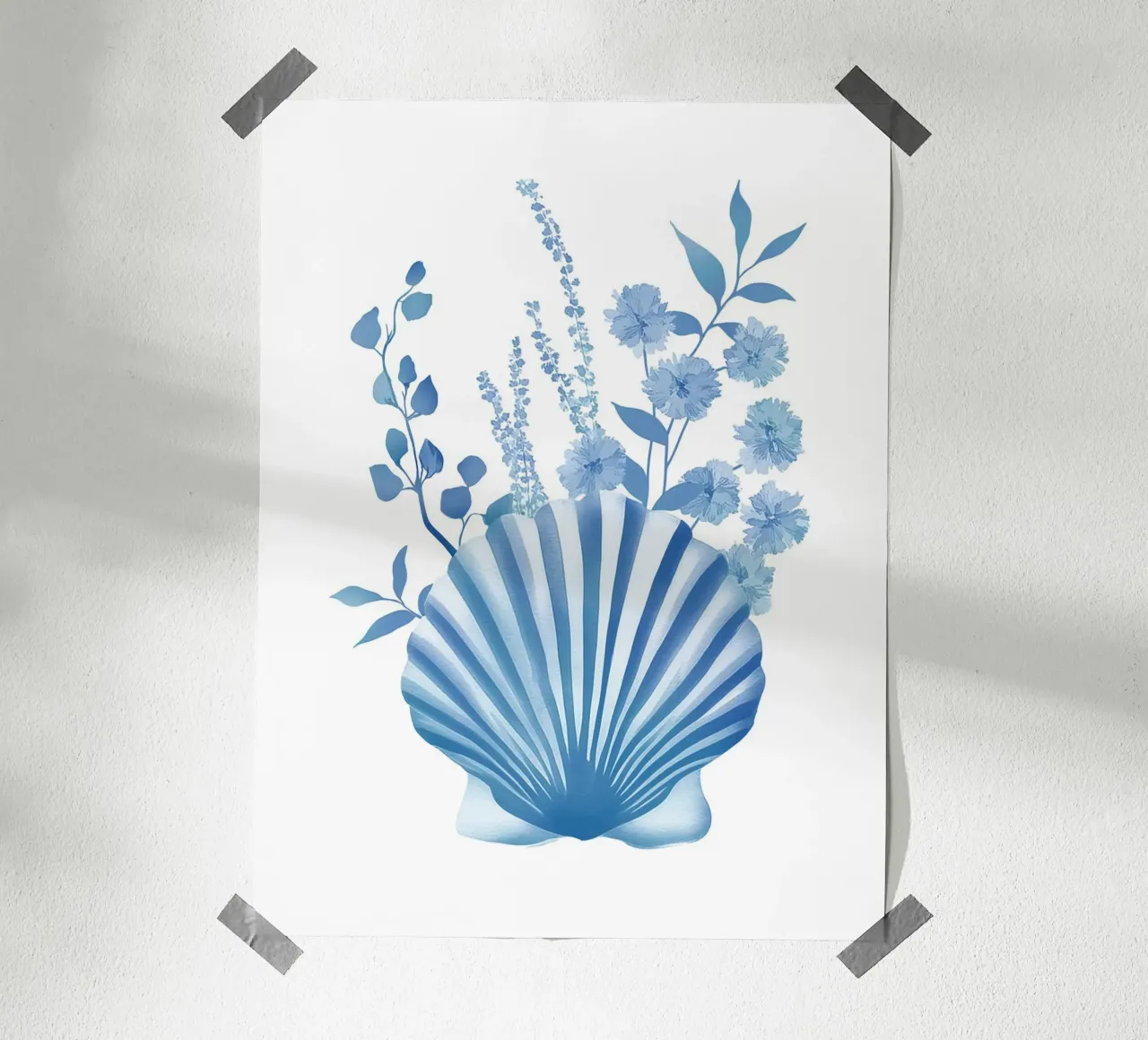 Zeekust Blauw Botanisch Schelp Bloemen Modern Chinoiserie Kunst poster van Gentle Echoes Art