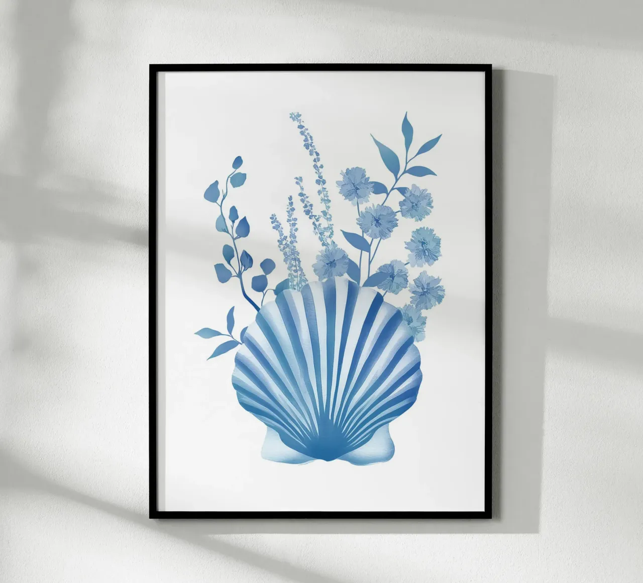 Zeekust Blauw Botanisch Schelp Bloemen Modern Chinoiserie Kunst poster van Gentle Echoes Art