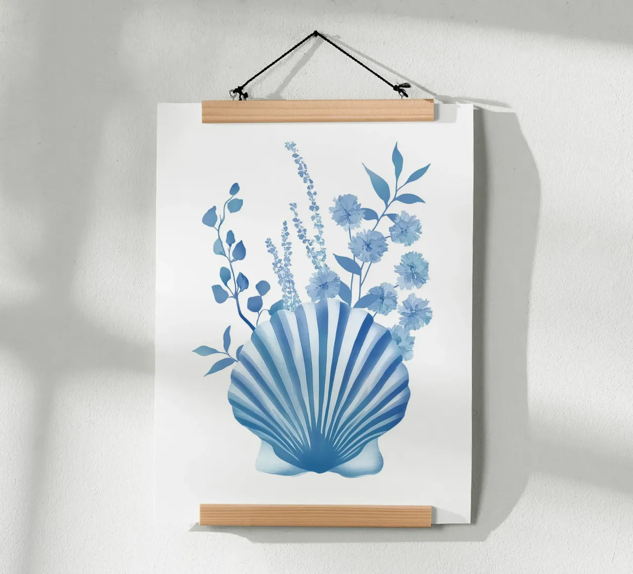 Zeekust Blauw Botanisch Schelp Bloemen Modern Chinoiserie Kunst poster van Gentle Echoes Art