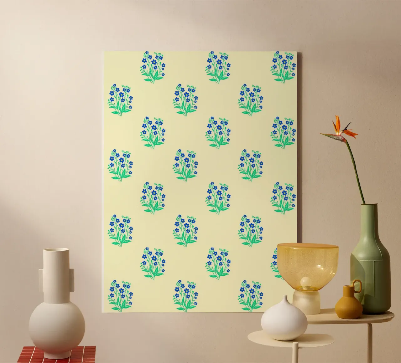 Blokjesprint vergeet-mij-nietjes Geel en blauw canvas met Baklijst van SilverPegasus